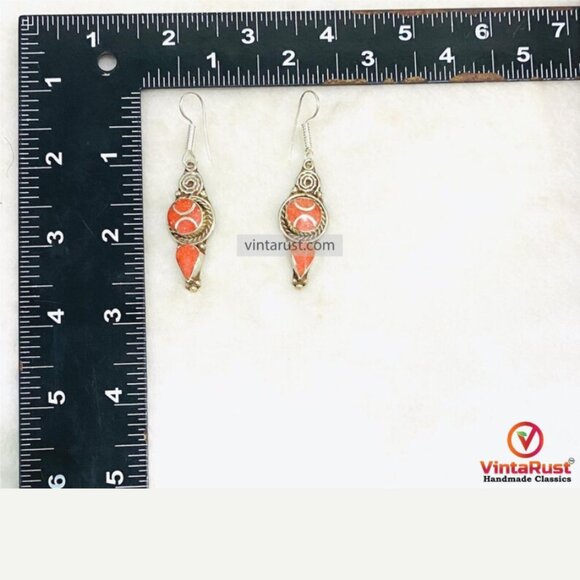 Handmade Nepalese Coral Earrings, Vintage Style Nepalese Earrings, Bohemian Drop - Picture 4 of 5